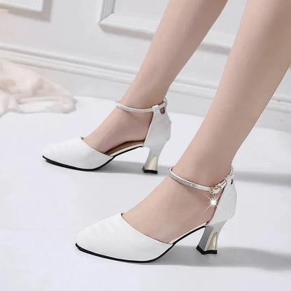 Women Fashion High Quality White Pointed Toe Buckle Strap Pu Leather Stiletto Ladies Casual Pink Comfort High Heel Shoes G5776