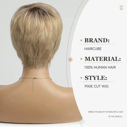 Pixie cut Human hair Wigs Sand Blonde Short Straight Bob Wigs with Bangs 100% Real Human Hair Glueless Wigs Natural Daily Use