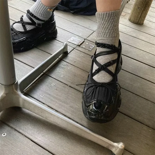 String Bead Butterfly-Knot Breathable Women Sneakers Lace-Up Thick Bottom Hand-made Ladies Shoes Casual Fashion Tenis De Mujer