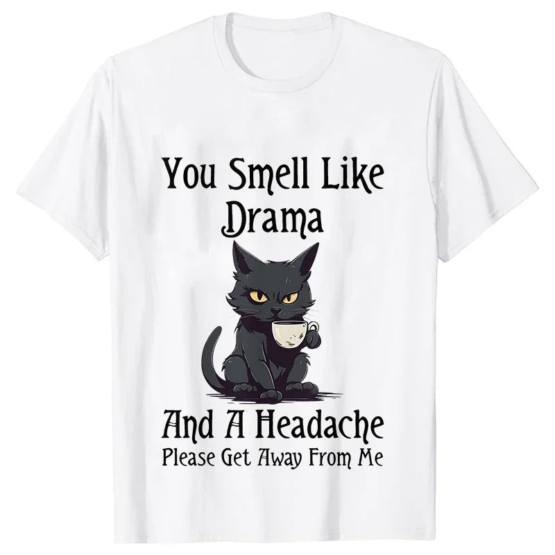 Black Cat Coffee T-shirts Women Pet Cartoon Tshirts You Smell Like Drama Print Women's Clothing Cat Mom Women Tee T-Shirts Tops