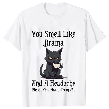 Black Cat Coffee T-shirts Women Pet Cartoon Tshirts You Smell Like Drama Print Women's Clothing Cat Mom Women Tee T-Shirts Tops