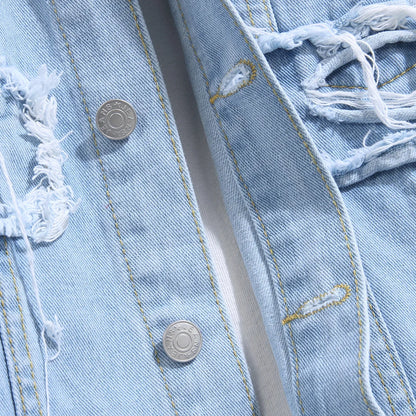 Stylish Street Men Distressed Stacked Splicing Slim Denim Jacket Ripped Male Casual Jean Jacket Coat