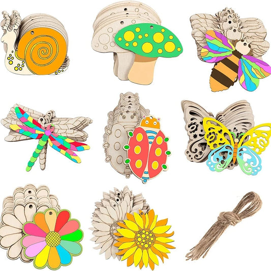 10pcs/set Easter Spring Wooden Ornament Insect Flower Hanging Pendants 2024 Spring Home Decorations DIY Gifts Wrapping Supplies