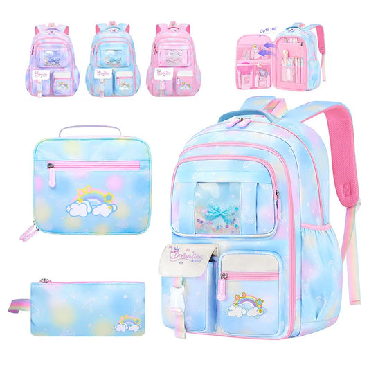 3Pcs Kid's Backpacks Girls School Backpack with Lunch Pencil Bag Cute Travel School Bookbag Christmas Kids Gift