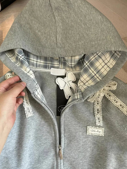 Zoki Lace Patchwork Hoodies Women Cute Bow Long Sleeve Sweatshirt Japan Preppy Style Sweet Loose Long Sleeve Female Gray Outwear