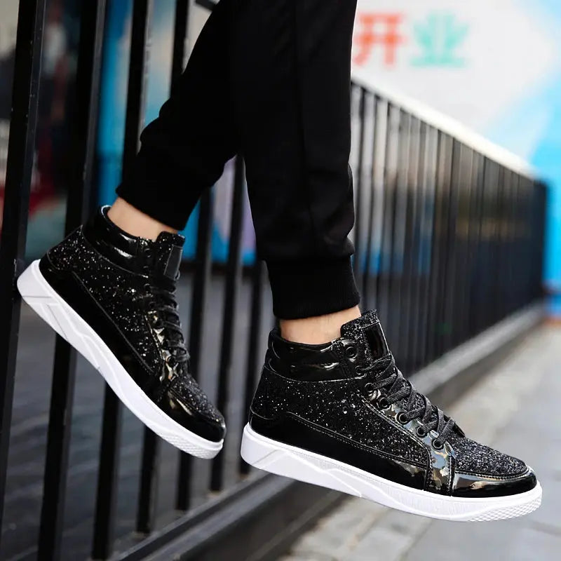 TUINANLE Man's Casual Shoes High-tops Silver Glitter Bling Platform Sneakers Men Non Slip Skateboard Shoes Zapatillas Hombre GLITZ