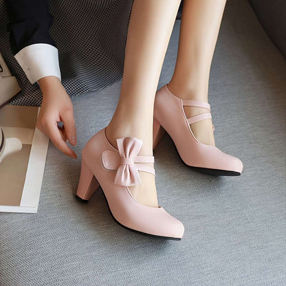 Round Toe Pumps Kitten Heels, Bowknot Ankle Straps PU Leather Fashion Dance Work Dress Chunky Shoes, Women's Footwear