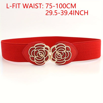 Vintage Stretch Wide Waist Belt For Women Dress Waistband Metal Leaf Buckle