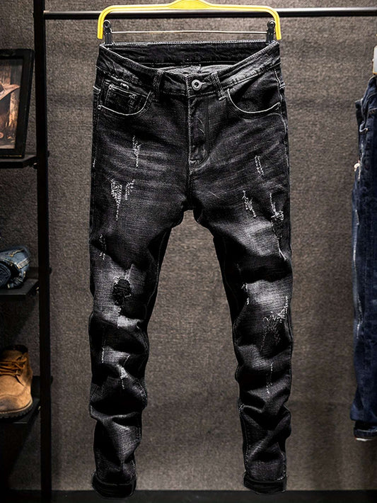 Four-Season Wear Men's Fashion Ripped Jeans - Distressed Regular Fit Denim Pants with Comfortable Stretch Fabric for Everyday Wear - Classic Style with Artistic Destruction