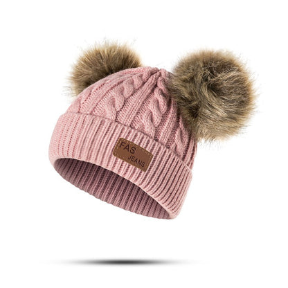1pc Toddler Knitted Hat, Pure Color Winter Twist Double Pom Pom Knitted Beanies Cap