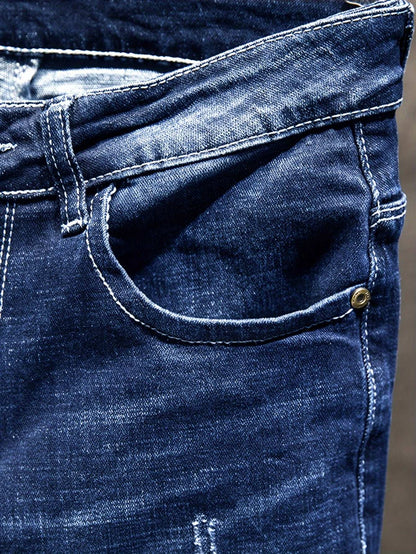 Four-Season Wear Men's Fashion Ripped Jeans - Distressed Regular Fit Denim Pants with Comfortable Stretch Fabric for Everyday Wear - Classic Style with Artistic Destruction