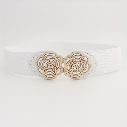 Vintage Stretch Wide Waist Belt For Women Dress Waistband Metal Leaf Buckle