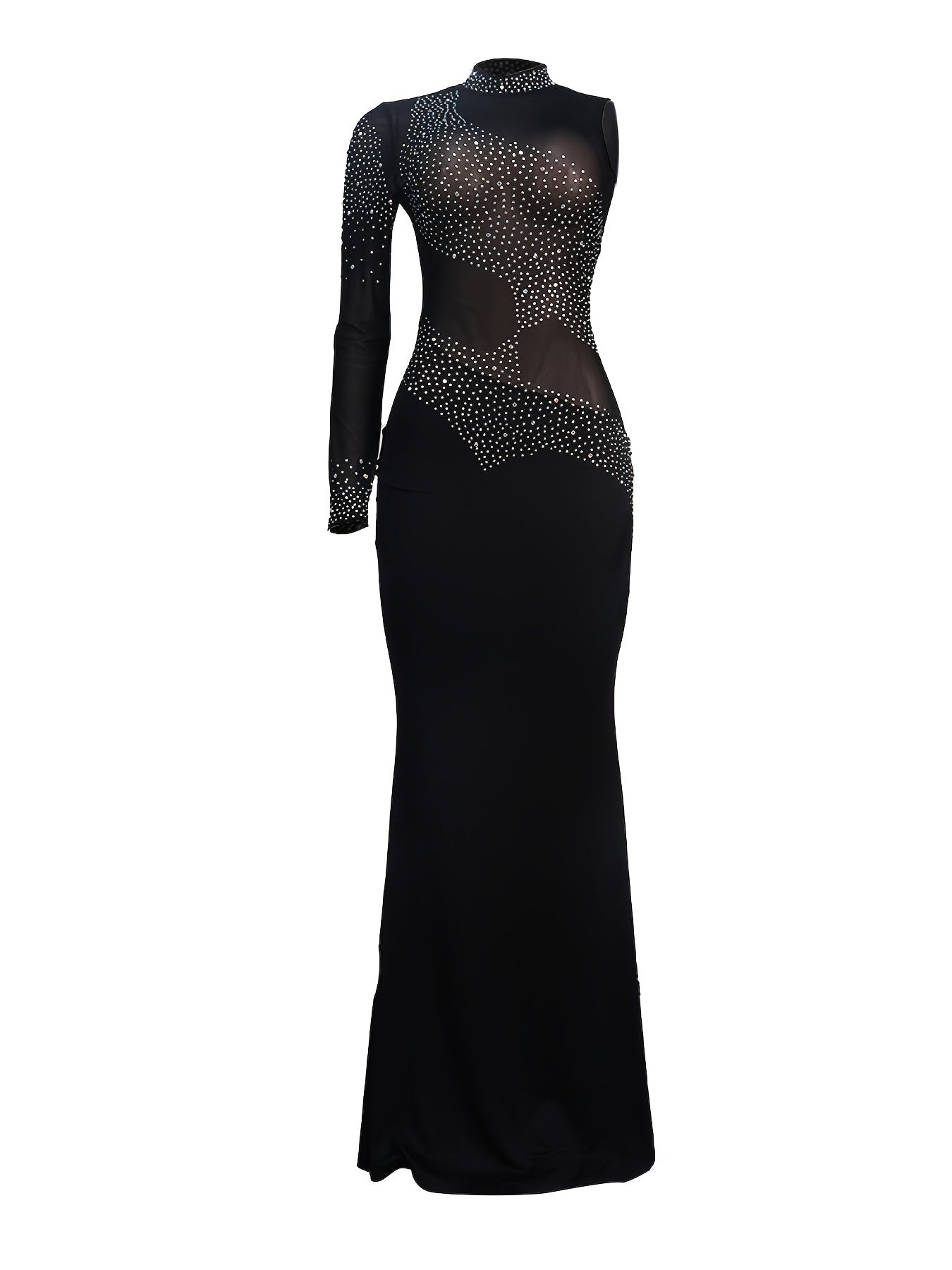 VNOVA'S Women'S One Shoulder Long Sleeve Rhinestone Process Mesh Sexy Slim Dress Club Evening Dress