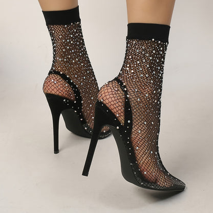Women's Rhinestone Decor Stiletto Heels, Sexy Evening Party Street Style Pumps, Women's Breathable Mesh Heels