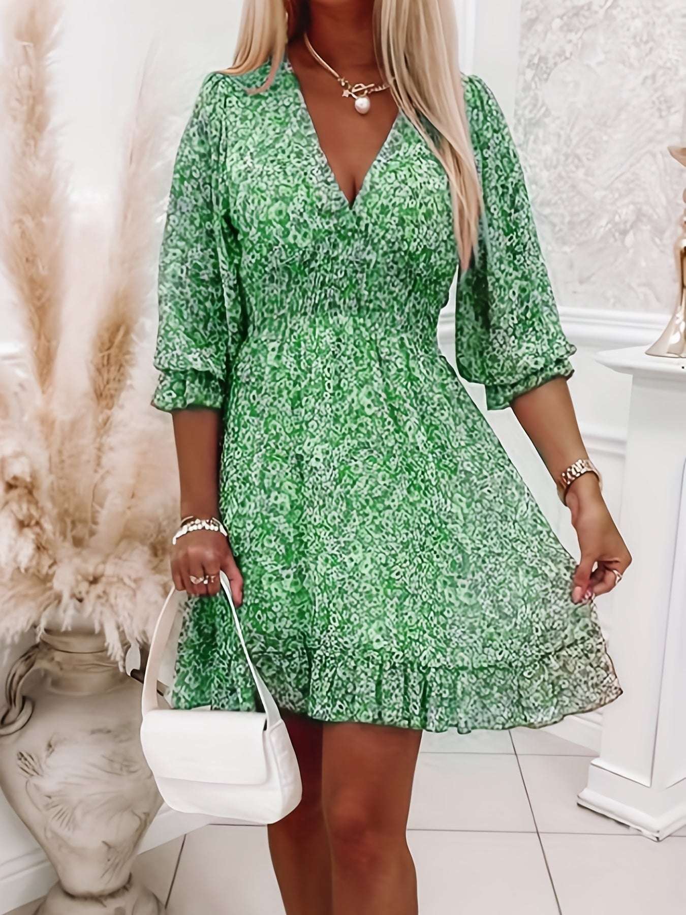 Women's Dresses Puff Sleeve Floral Print Ruched Waist V-Neck Boho Dresses