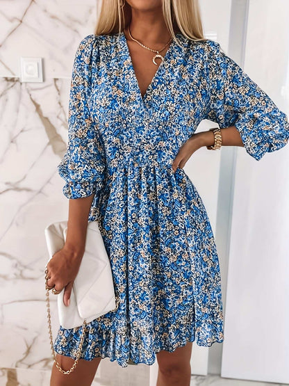 Women's Dresses Puff Sleeve Floral Print Ruched Waist V-Neck Boho Dresses