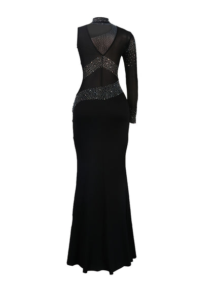 VNOVA'S Women'S One Shoulder Long Sleeve Rhinestone Process Mesh Sexy Slim Dress Club Evening Dress