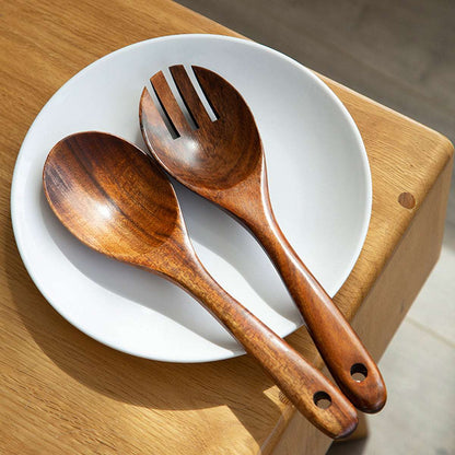 2-Pack Wooden Salad Servers Set - Acacia Wood, Rustic Charm, Durable Mixing Spoon & Fork with Long Handles, Perfect for Entertaining, Stylish Serving Utensils