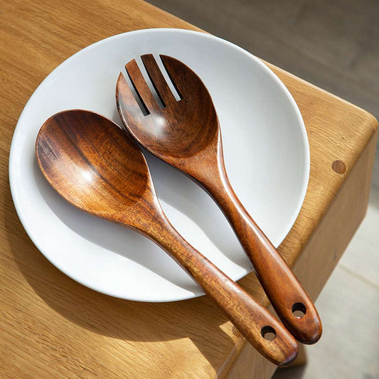 2-Pack Wooden Salad Servers Set - Acacia Wood, Rustic Charm, Durable Mixing Spoon & Fork with Long Handles, Perfect for Entertaining, Stylish Serving Utensils