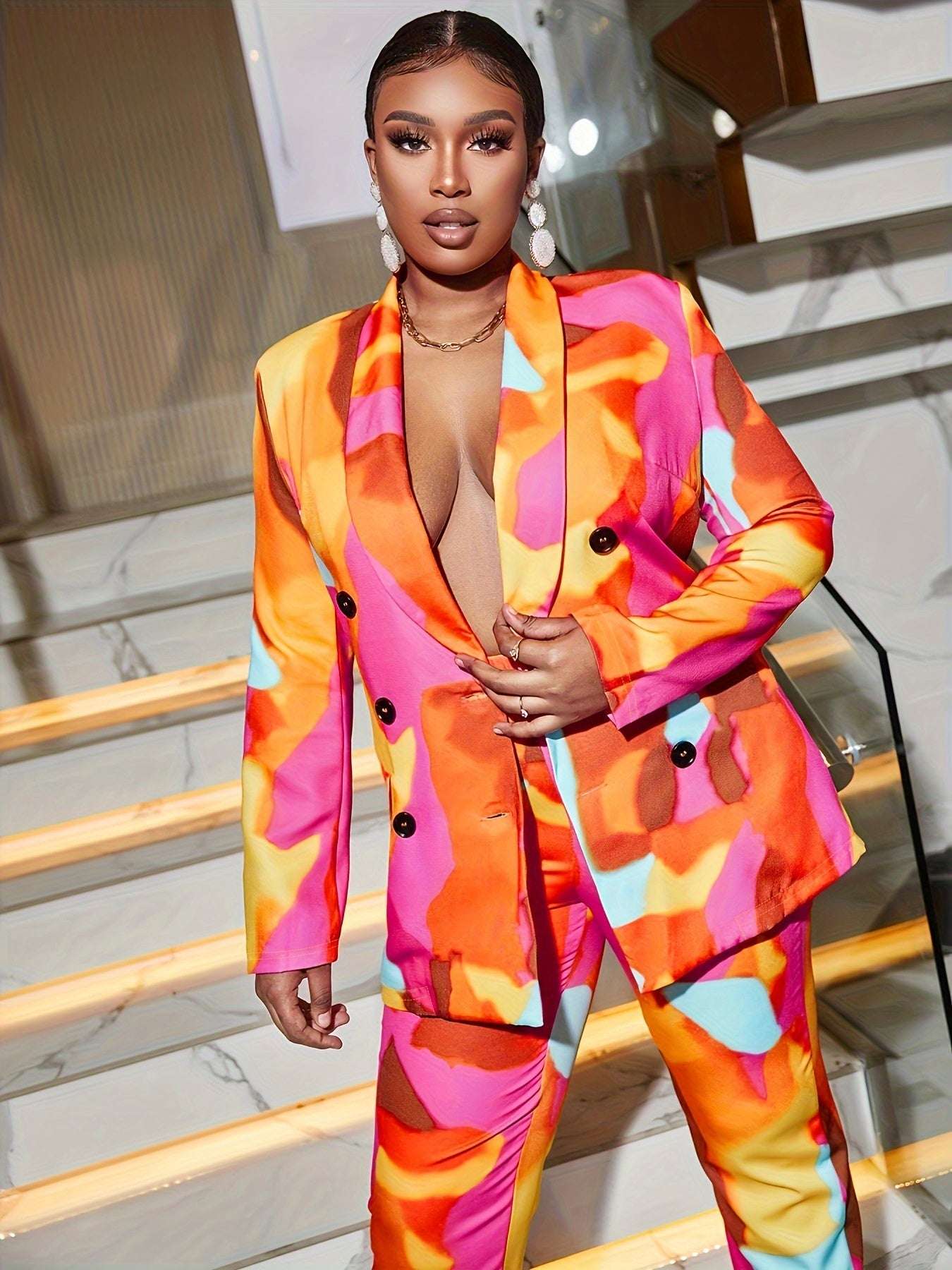 Women's Set Colorful Shawl Neck Blazer And Lounge Pants Set
