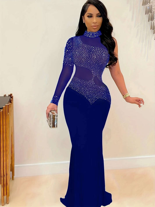 VNOVA'S Women'S One Shoulder Long Sleeve Rhinestone Process Mesh Sexy Slim Dress Club Evening Dress