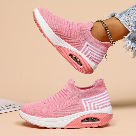 Women's Air Cushion Sneakers, Breathable Round Closed Toe Low Top Slip On Shoes, Women's Casual Knitted Shoes