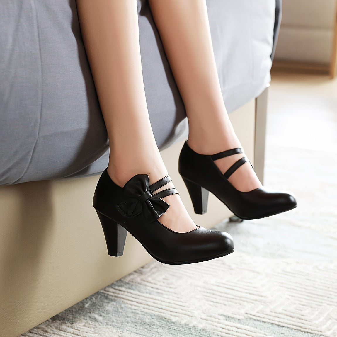 Round Toe Pumps Kitten Heels, Bowknot Ankle Straps PU Leather Fashion Dance Work Dress Chunky Shoes, Women's Footwear