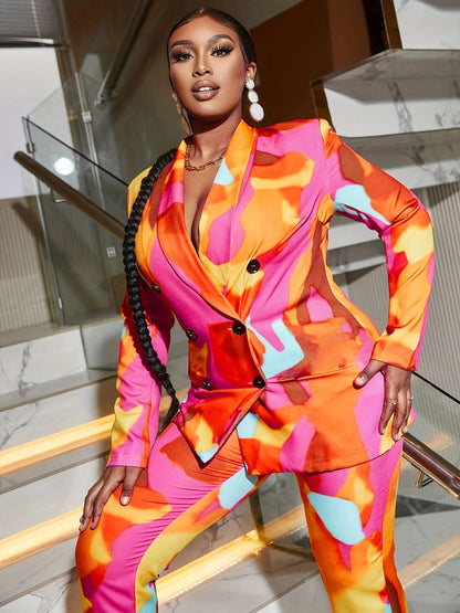 Women's Set Colorful Shawl Neck Blazer And Lounge Pants Set