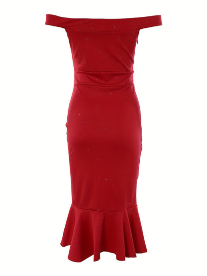 Knee-High Elastic Micro Ruffle Trim Polyester Slingback Dress - Elegant Solid Color Party Dress for Women - Spring/Summer Fashion