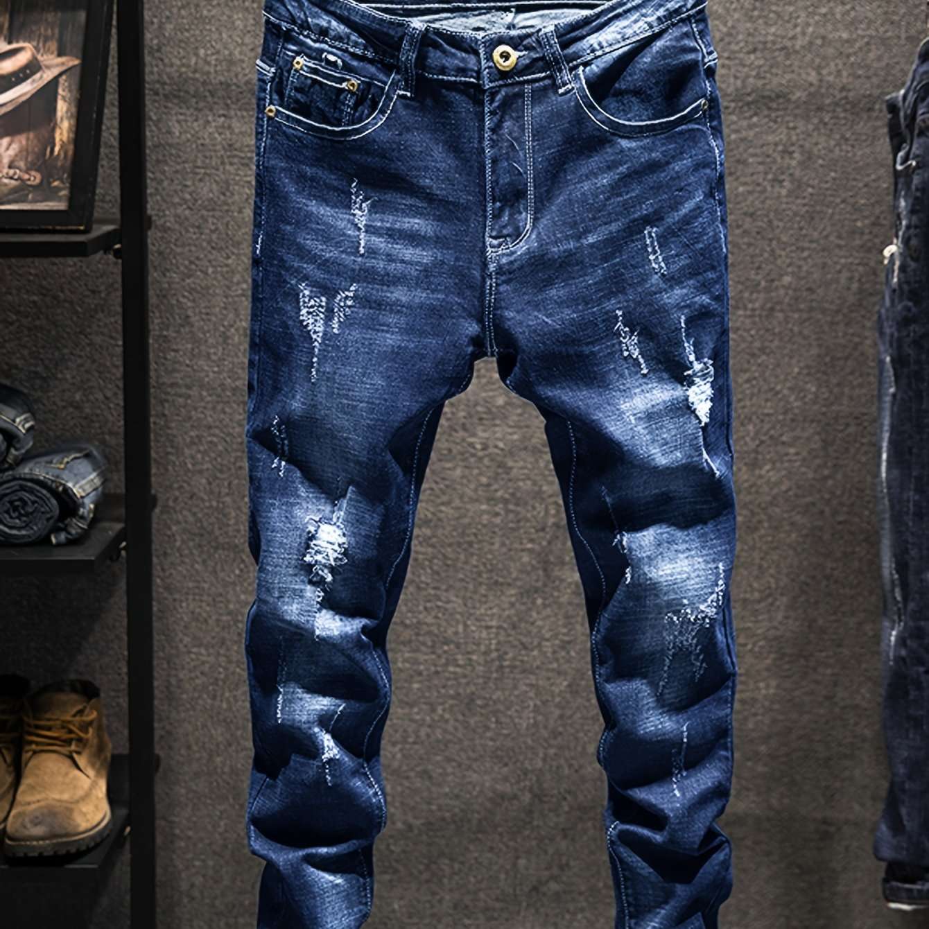 Four-Season Wear Men's Fashion Ripped Jeans - Distressed Regular Fit Denim Pants with Comfortable Stretch Fabric for Everyday Wear - Classic Style with Artistic Destruction