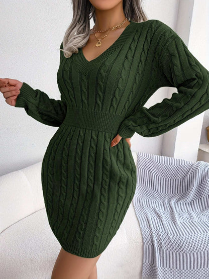 Casual Waist Cable Sweater Dress Solid V-neck Long Sleeve Fall Winter Bodycon Knit Dresses Women's Clothing