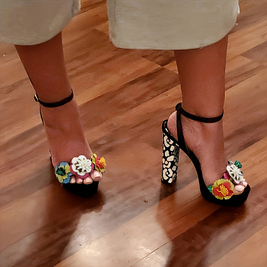 Women's 3D Floral Ankle Strap High Heels, Open Toe Chunky Heel Sandals, Fashionable Dress Shoes