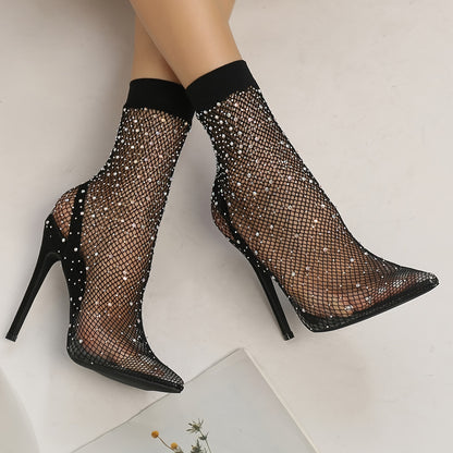 Women's Rhinestone Decor Stiletto Heels, Sexy Evening Party Street Style Pumps, Women's Breathable Mesh Heels