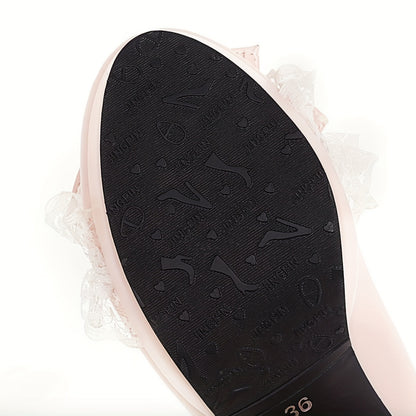 Women's Bow Platform High Heels, Faux Pearl Lace Cross Strap Chunky Heels, Cute Lolita Shoes