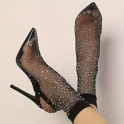 Women's Rhinestone Decor Stiletto Heels, Sexy Evening Party Street Style Pumps, Women's Breathable Mesh Heels