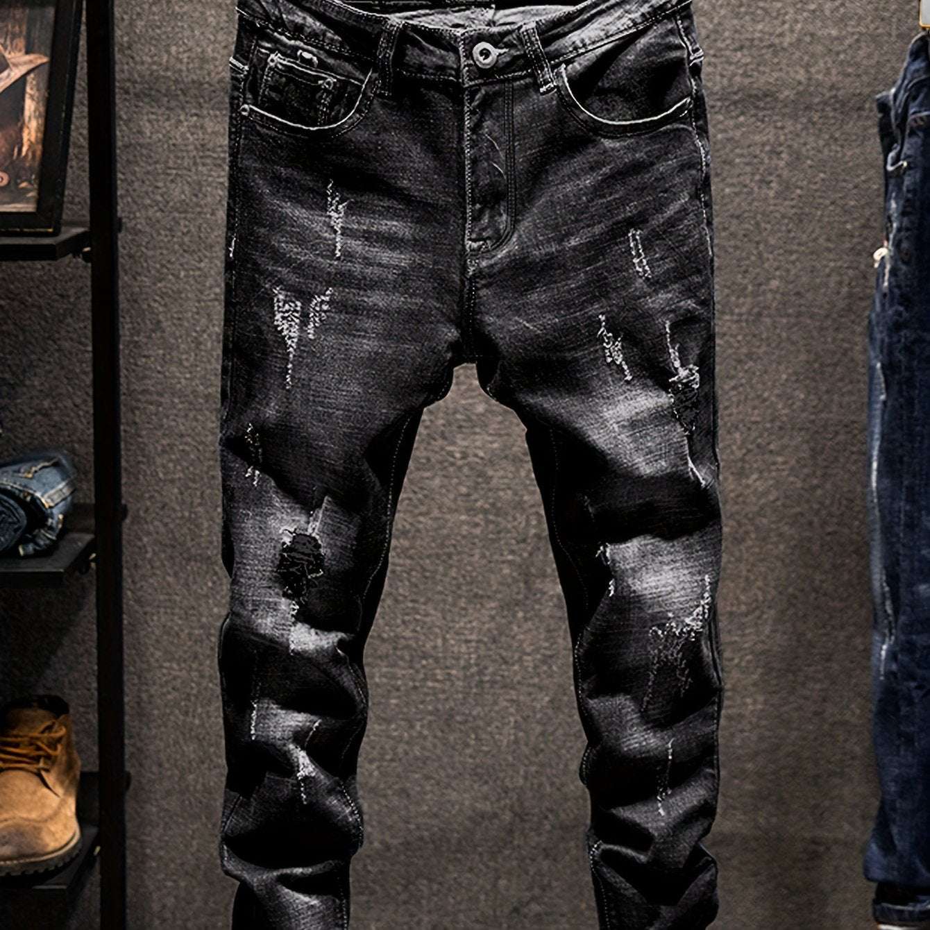 Four-Season Wear Men's Fashion Ripped Jeans - Distressed Regular Fit Denim Pants with Comfortable Stretch Fabric for Everyday Wear - Classic Style with Artistic Destruction