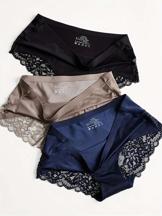 3pcs Breathable Comfortable, Lace Panty, Satin Panty, Lace Panty, Panty Smooth And Soft Lingerie