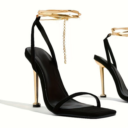 Women's Square Open Toe High Heels, Solid Color Ankle Chain Stiletto Sandals, Party & Dress Shoes