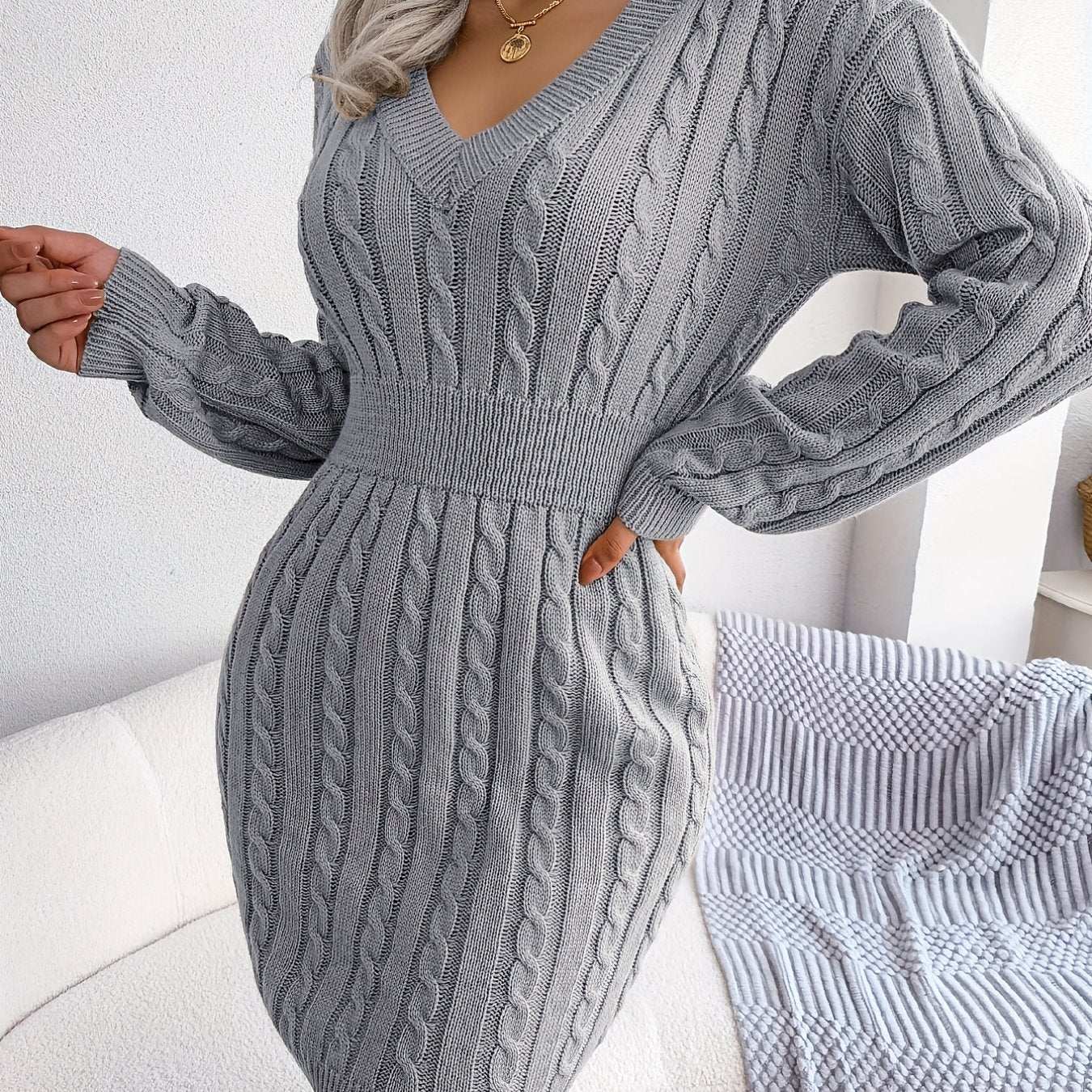 Casual Waist Cable Sweater Dress Solid V-neck Long Sleeve Fall Winter Bodycon Knit Dresses Women's Clothing