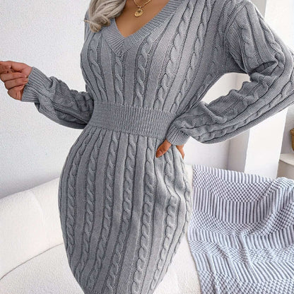 Casual Waist Cable Sweater Dress Solid V-neck Long Sleeve Fall Winter Bodycon Knit Dresses Women's Clothing
